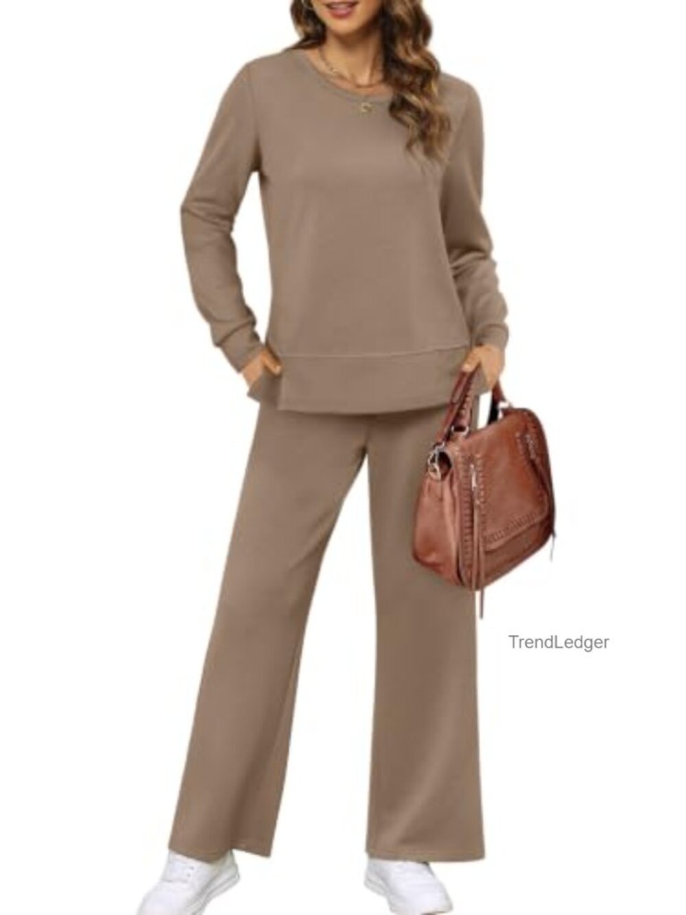 Women's 2 Piece Lounge Set Long Sleeve Top Wide Leg Pants Polyester Rayon